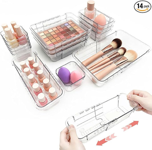 Extendable Drawer Organizer, 14 pcs Bathroom & Vanity Adjustable Drawer Organizers Tray, 3-size Clear Plastic Storage Bin for Makeup, Office Desk, Kitchen, Bedroom, Cabinet Drawer