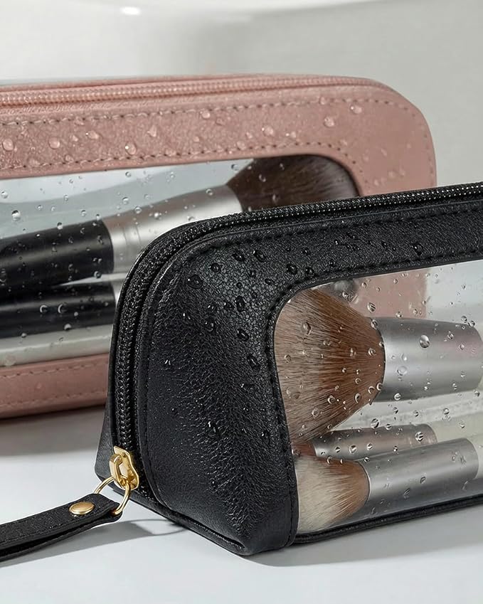 LETGO Small Clear Makeup Bag, PU Leather Travel Makeup Brush Case Portable Transparent Waterproof Cosmetic Organizer Pouch with Zipper for Women Home Travel Office Cosmetic Storage (Chic Black)
