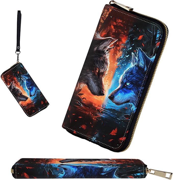 RFID-Blocking Zip Around Wallets for Women with Detachable Wrist Strap,Large Capacity Phone Holder with Card Organizer & Coin Pocket,Cool Wolf