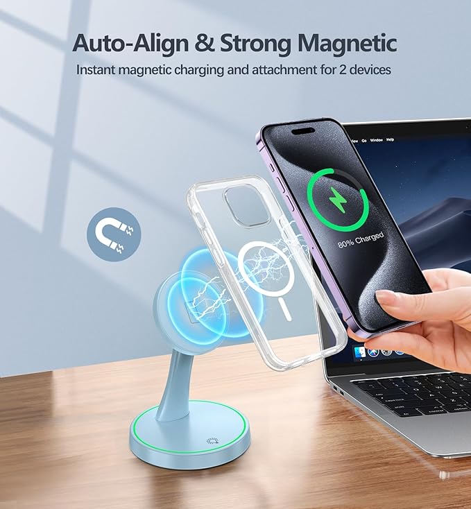 Magnetic Wireless Charger Stand 15W Fast Magnetic Charger for iPhone 17 /17 pro/ 17 Air/ 17 pro max 16/15/14/13/12 Series Magnet Wireless Charging Station/Pad with Sleep-Friendly Light for AirPods