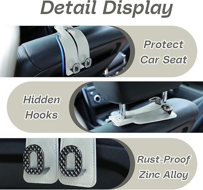 Car Headrest Hooks Universal Car Purse Hook Premium Leather and Alloy Twin Hook Car Seat Back Storage Hanger Hook for Purse Bags Cloth Drink Durable Holder Car Accessories (BH09-White-Black)