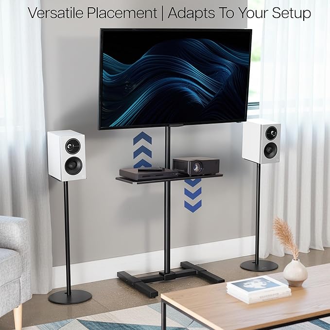 VIVO Universal Steel 24 x 8 inch Shelf Pole Mount for TV Cart, Attaches to 0.5” to 2.4” Poles, Speaker & Microphone Stands, Clamp-on Utility Storage Surface, Black, MOUNT-SF24P