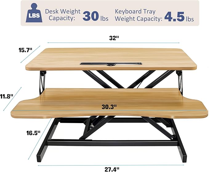 Standing Desk Converter 32" - Sit to Stand Desk Converter for Dual Monitors - Height Adjustable Desk Riser for Standing - Home Office & Corporate Use - Relieve Back Pain (Natural)