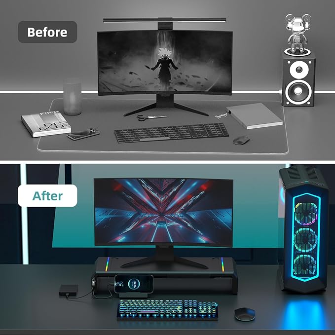 Heymaster Gaming Monitor Stand Riser with RGB Light, USB HUB Type-C Data Port, Adapter Charging, Foldable Adjustable Length Computer Monitor Phone Stand Storage Drawer & Pen Slot