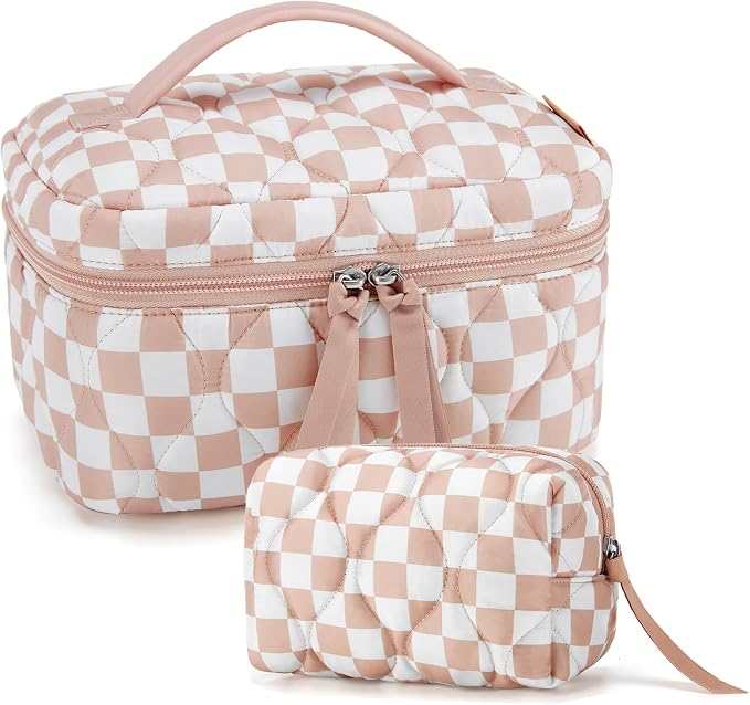 BAGSMART Travel Makeup Bag, 2-Piece Puffy Quilted Cute Make Up Bag Cosmetic Bags for Women, Large Wide-Open Toiletry Pouch Gifts for Toiletries Accessories Travelling Essentials, Checkered Khaki