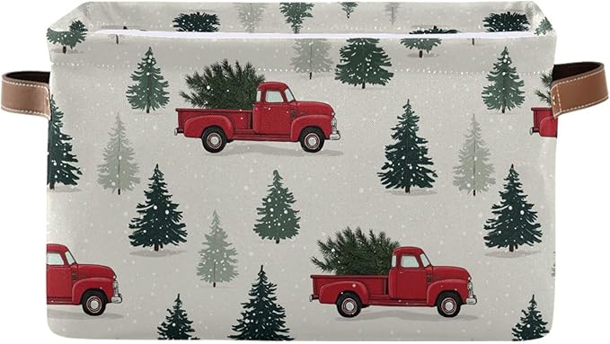 Aslsiy Storage Basket Red Pickup Truck with Christmas Tree (3) Nursery Bins Baby Canvas Box Clothes Shelf Basket Laundry Hampers 1 Pcs