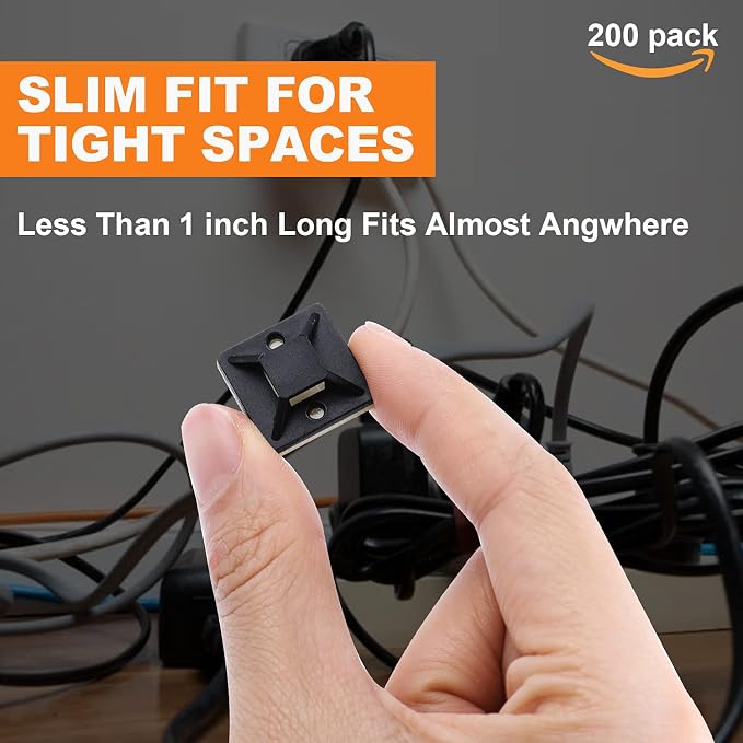 200 Pack 3/4" Zip Tie Adhesive Mounts Self Adhesive Cable Tie Base Holders with Multi-Purpose Tie wire clips with screw hole,Anchor stick on wire holder,Black