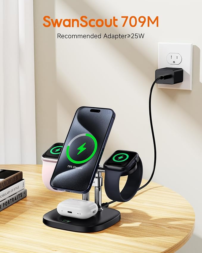 Dual Fast Charger for Apple Watch 11, Magnetic Wireless Charger Stand for iPhone Air/17 Pro Max/17 Pro/17/16/15/14, Charging Station for Apple Watch Ultra 3/SE 3/10/9/8/7/6, Airpods, SwanScout 709M