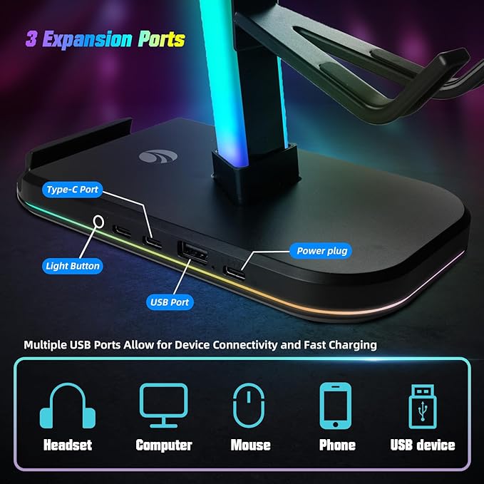 VCOM RGB Gaming Headphones Stand with 10 Light Modes, 4 Controller Holder with 1 USB & 2 Type-C Charging Ports,Headset Stand Suitable for All Earphone Accessories, Best Gift for Desk Gamers