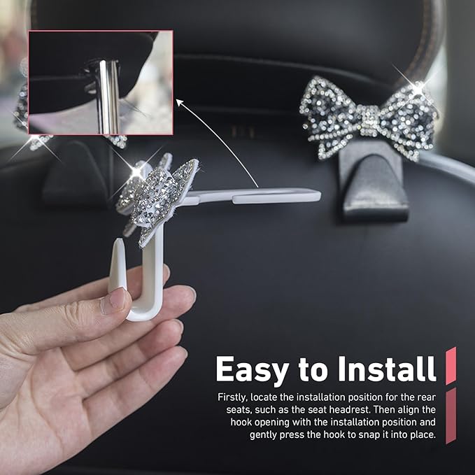 2 PCS Car Headrest Hooks, Cute Bowknot Auto Seat Back Hangers for Purses Bags Coats, Bling Rhinestone Interior Storage Organizer Hooks, Universal for Cars SUVs Trucks (Pink)