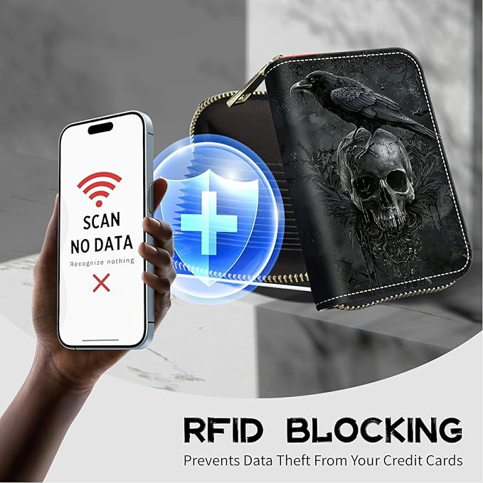 Cute Credit Card Holder with Zipper, Crow Skull RFID-Blocking Card Case Small Wallet for Women Men, Multi-slot Card Organizer Case Travel Accordion Wallet