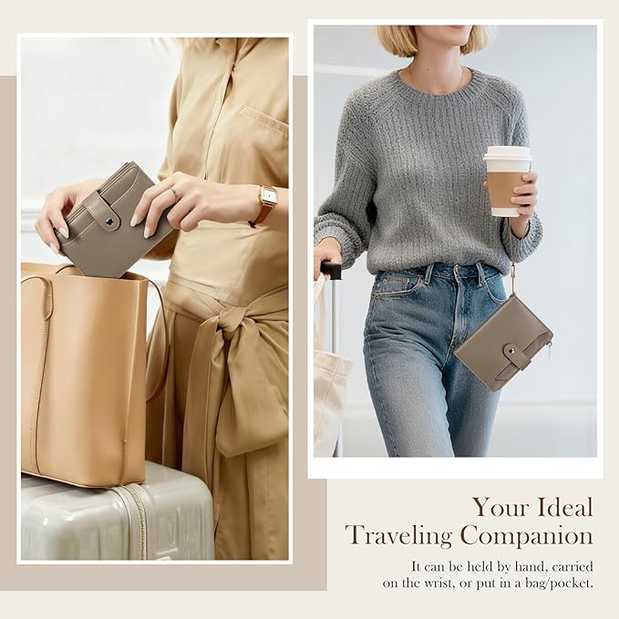 Dadanism RFID Passport Holder for Travel, Pu Leather Passport Wallet Cover with Card Holders, SIM Slots, Zippered Coin Pocket and Cash Slot, Slim Compact Travel Wallet for Women, Khaki Brown