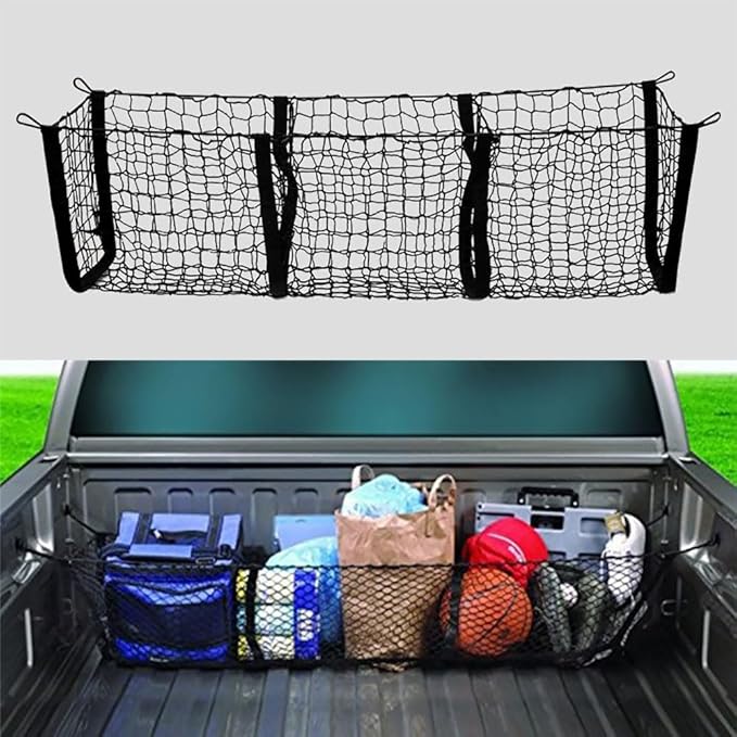 Cargo Net for Car, Truck Bed Storage, 3 Pocket Rear Trunk Cargo Net Stretchable Organizer Elastic Mesh Net, Universal Car Interior Accessories Cargo Storage Mesh Net Fit SUV, Pickup, Truck