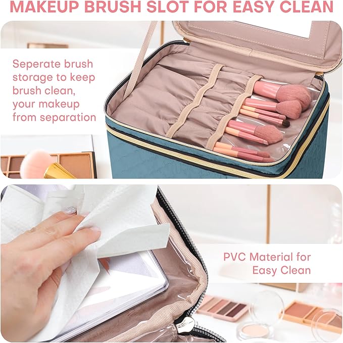 HXLGMD Large Makeup Bag with Mirror Double Layer Travel Make Up Organizer Case, Large Capacity Coemetic with Brush Slot Divider, Travel Toiletry Bag for Women (Lake Blue)