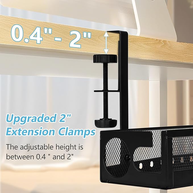 Under Desk Cable Management Tray No Drill - 25'' Large Metal Mesh Cord Organizer with Clamp Mount 2 Hole Cable Organizer Tray with Wire Management for Home Office Standing Desk
