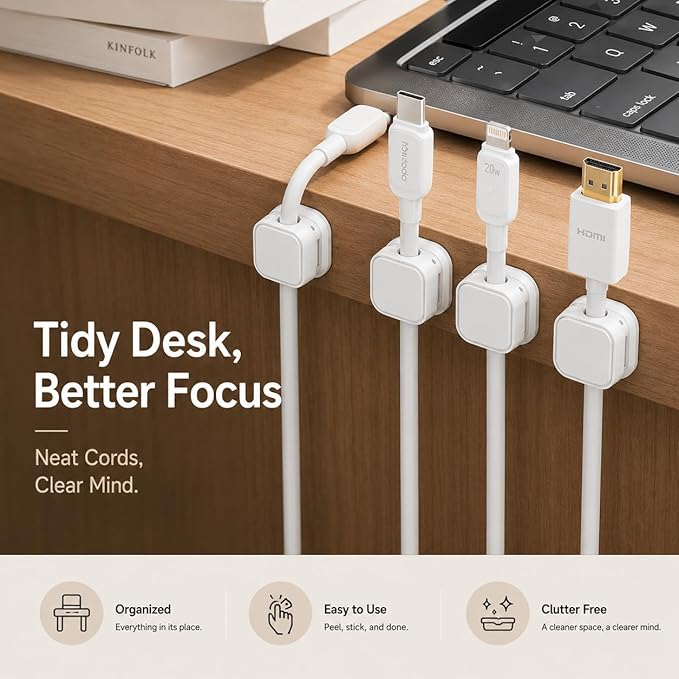 18 Pack Cable Organizer Clips, Adhesive Cord Holder for Desk, Office, Car & Nightstand, Spring Lock Cable Management with Strong Acrylic Adhesive, White