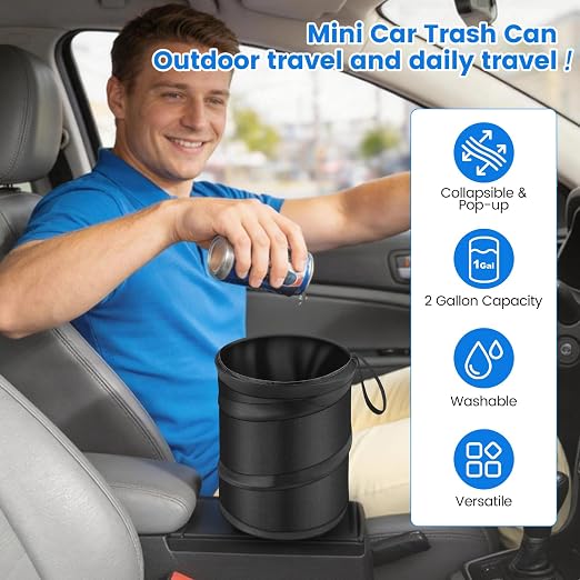 2 Pack Car Trash Can, Mini Pop-Up Car Garbage Can with Hanging Loop, Leakproof Washable Small Collapsible Trash Can Automotive Garbage Cans Trash Bin for Truck Auto SUV Vehicle RV Camping, 2 Gallon