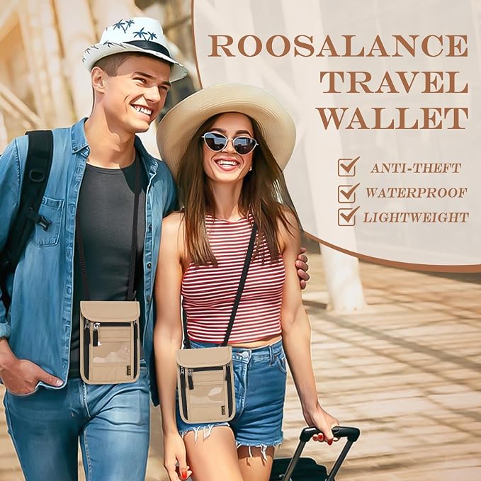 Passport Holder for Travel, Neck Pouch Travel Wallet With RFID Blocking, Waterproof Lightweight Passport Wallet for Women and Men (Khaki)