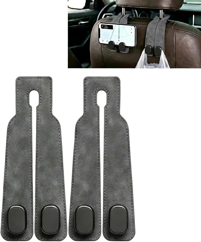 Car Headrest Hooks 2-Pack - Heavy-Duty Car Organizer Hooks for Purses and Grocery Bags,Premium Suede Seat Back Double Hooks,360° Flexible Hooks for Daily Commute and Road Trips (Suede Grey)