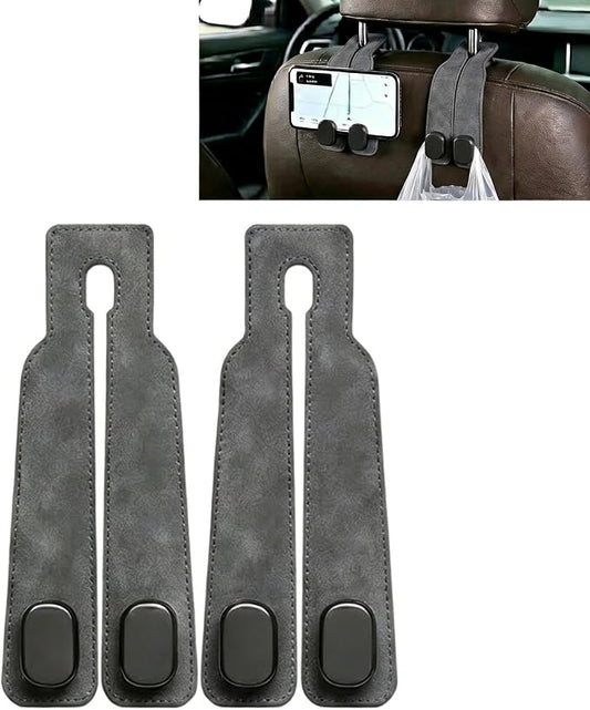 Car Headrest Hooks 2-Pack - Heavy-Duty Car Organizer Hooks for Purses and Grocery Bags,Premium Suede Seat Back Double Hooks,360° Flexible Hooks for Daily Commute and Road Trips (Suede Grey)