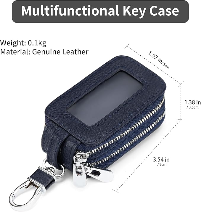 SENDEFN Car Key Fob Case Double Zipper Leather Smart Remote Keychain Protector Holder with Transparent Window