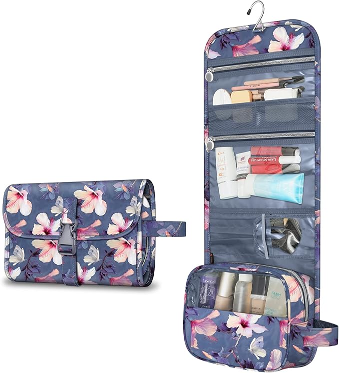 Fintie Portable Toiletry Cosmetic Travel Bag, Large Water Resistant Hanging Makeup Organizer Storage Pouch Case for Women Girls (Blooming Hibiscus)