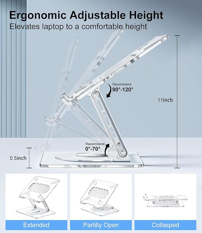MCHOSE Acrylic Laptop Stand for Desk with 360 Rotating Base Ergonimic Foldable Clear Laptop Riser Compatible with MacBook Pro/Air Notebook up to 16 Inches, Ultra Thick Acrylic Transparent
