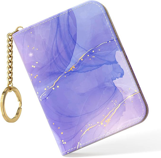 Nipichsha Women's Slim Leather RFID Wallet, Purple Marble, Compact Size, 12-Slot with Zipper and Keychain