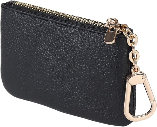 Full Grain Leather Coin Purse With Key Chain - Small Change Purse Card Holder Keychain Pouch Wallet for Women and Men (Black)