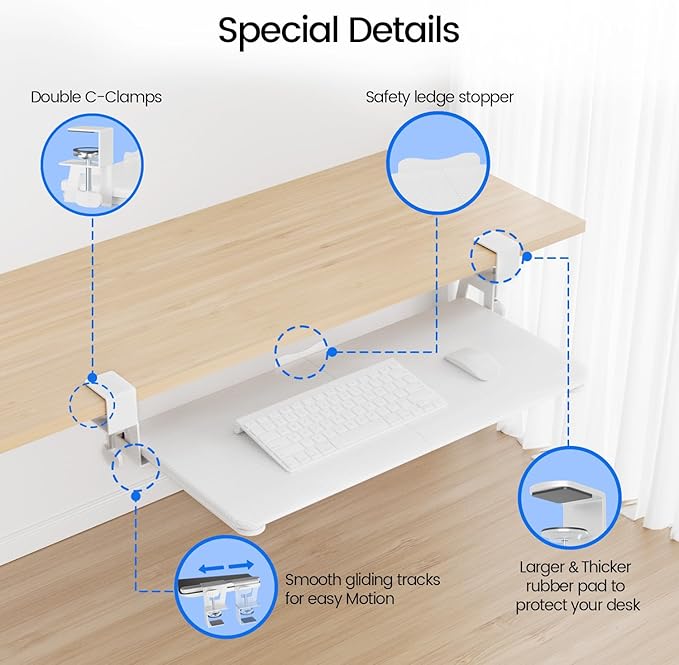 NearHub Large Keyboard Tray Under Desk Slide Out with Extra Sturdy C Clamp Mount System,26'' (30'' including Clamps) x11 Slide-Out Keyboard Drawer Under Desk for Typing,Keyboard Mouse Tray,White
