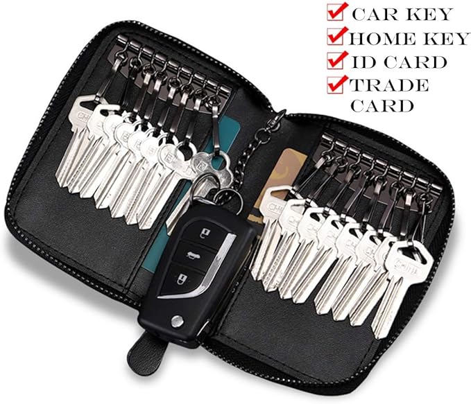 BAKUN Large Zipper Leather Car Key Case, Key Holder Key Organizer Wallet, With 16 Hooks(Brown)