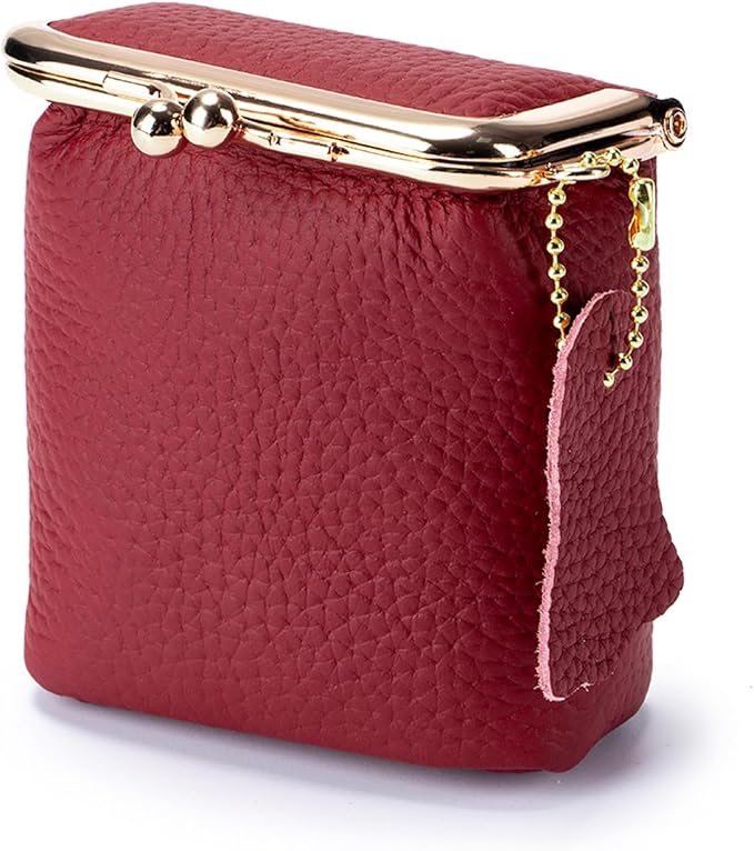 Litchi Leather Coin Purse for Women, Portable Vintage Wallet Mini Lipstick Holder Fashion Solid Color Kiss Lock Key Storage Square Pouch (Wine red)