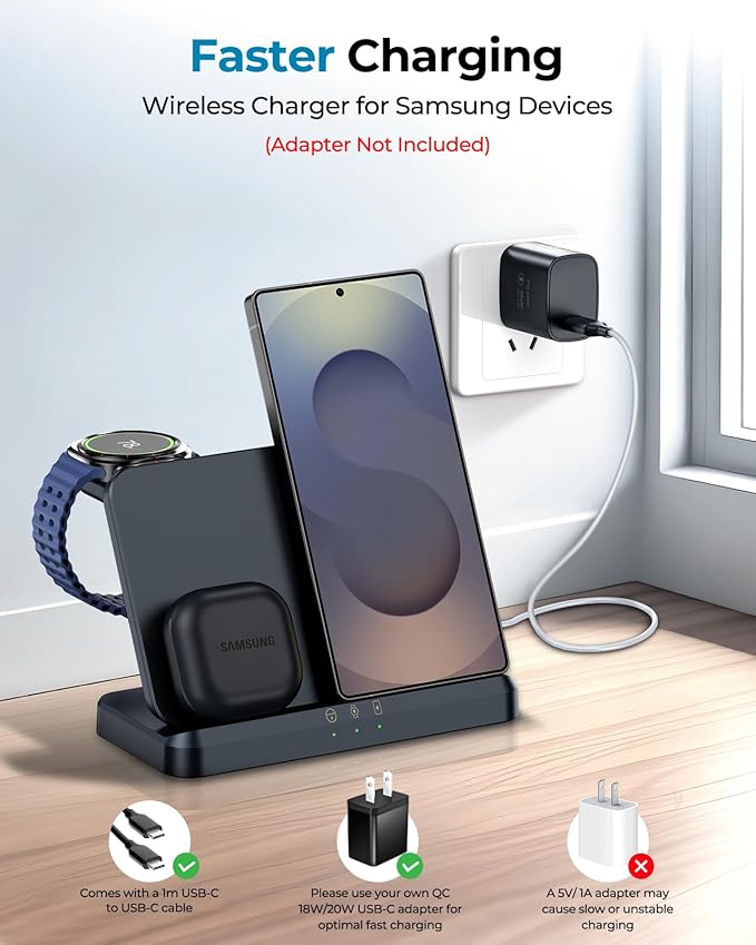 EGV Wireless Charger for Samsung – 3 in 1 Wireless Charging Station for Galaxy S26 Ultra S25 S24, Z Fold Flip 7/6, Detachable Watch Charger for Galaxy Ultra 8/7/6, Foldable, Fast Charging, No Adapter