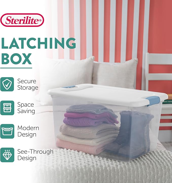 Sterilite 12-Pack Latching Box, Clear Plastic Organizer Bins with White Lids, 64 Quart – Large Stackable Containers for Closet, Bedroom, Garage, Kitchen, and Pantry Organization