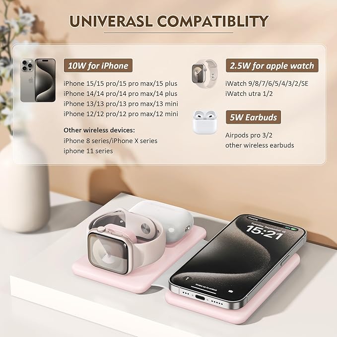 3 in 1 Wireless Charging Station for iPhone 17 16 15 14 13 12 Pro Max Plus – Foldable Magnetic Charger Pad for Apple Watch Series & AirPods – Fast Wireless Charging Dock for Travel & Home