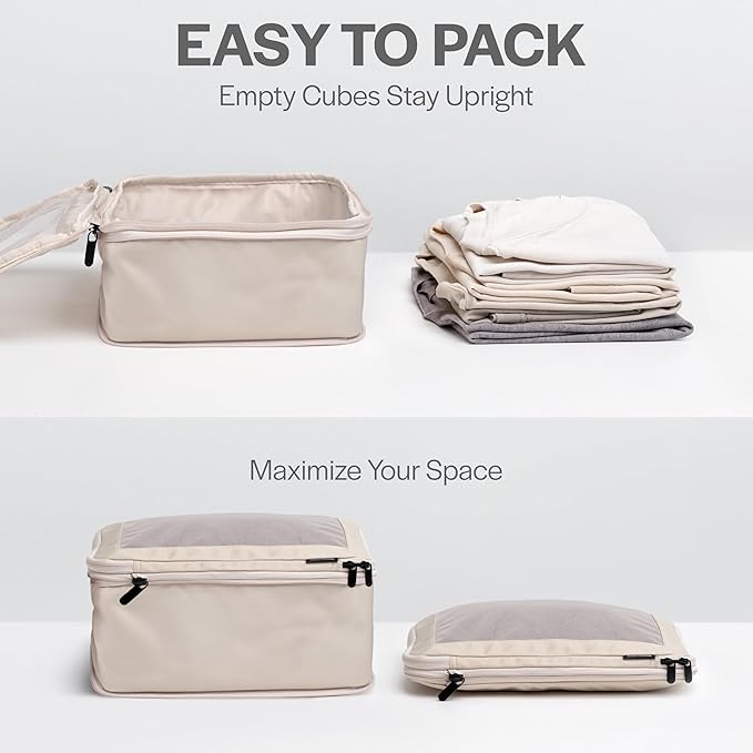 Aerotrunk Compression Packing Cubes for Travel - Luggage Organizer Bags - Double Zipper Packing Cubes for Suitcases (12-Pack, Beige)