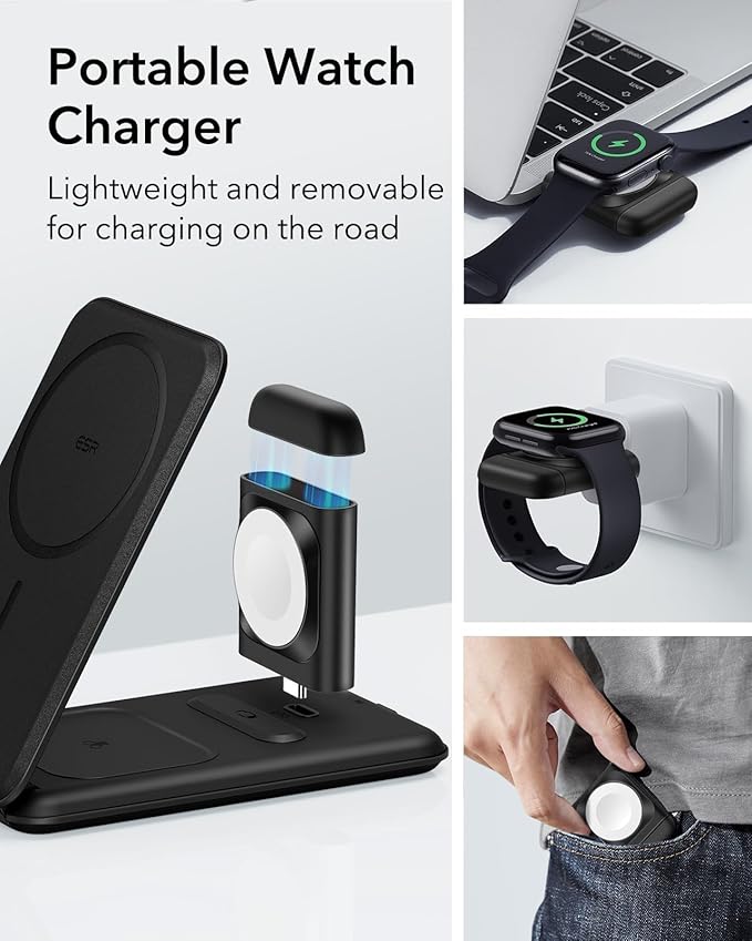 ESR for 3 in 1 Magsafe Charger, Travel Charger Stand Made for Apple Watch Certified, Foldable Charging Station Compatible with Magsafe and iPhone 16/15/14/13/12, AirPods 4/3/Pro, Black