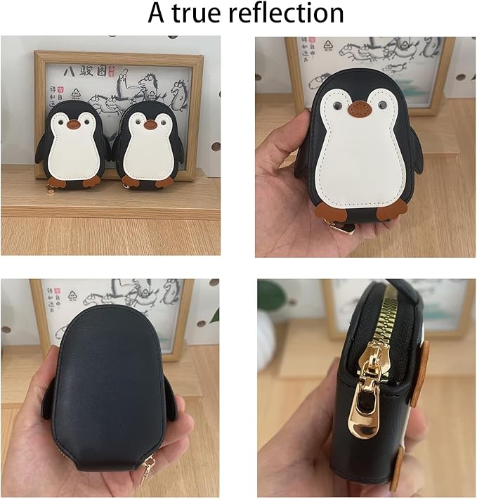 Novel and Interesting Cute Cartoon Penguin-shaped Coin Purse PU Leather Accordion Card Holder Large Capacity Zippered Money and Card Organizer Portable Mini Pocket Coin Purse Key Pouch (black)
