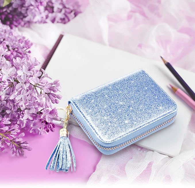 Coco Rossi Women's Small Credit Card Wallet ID Card Case for Girls RFID Glitter Cute Accordion Card Holder -Blue