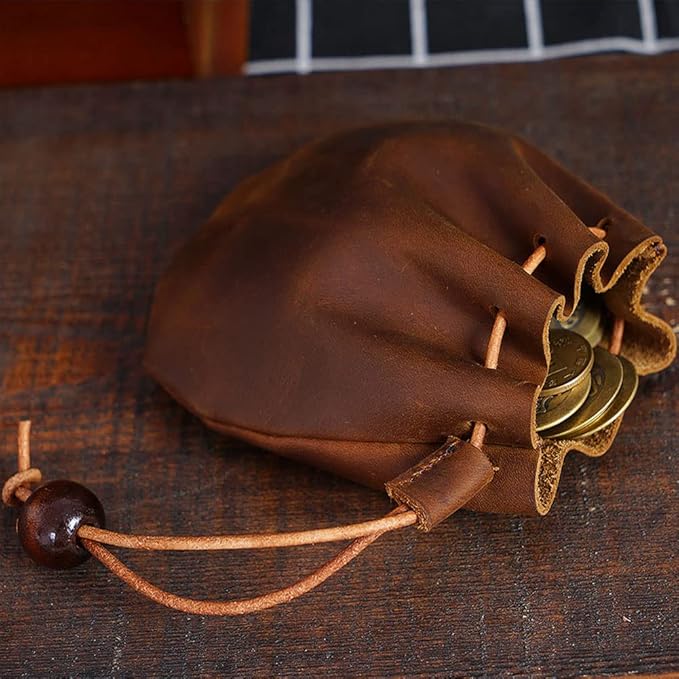 1 Pcs Mini Leather Drawstring Coin Purse Vintage Leather Coin Bag, Coin Organizer, Change Holder,Leather Drawstring Pouch for Men & Women