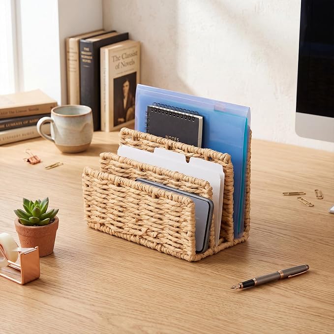 Paper Rattan Mail Organizer for Desk Mail Holder Countertop with 3 Slot Paper Rattan Letter Sorter File Holder Envelope Book Stand Farmhouse Office Desk Organizer and Storage Accessories