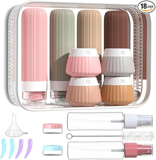 18 Pack Travel Bottles Set, TSA Approved Leak Proof Silicone Squeezable Containers for Toiletries, Refillable Travel Accessories for Conditioner, Shampoo, Lotion & Body Wash Accessories