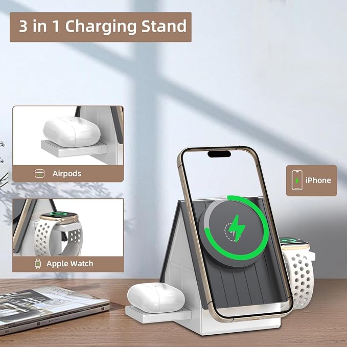 3-in-1 Wireless Charging Station with Soft Touch Night Light, 15W Fast Charger Stand for iPhone, Apple Watch & AirPods, Home Style Dock (Grey-White)