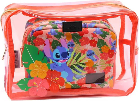 Impressions Vanity 2 PCs Disney Stitch Clutch Set for Makeup Accessories, Water Resistant Zippered Travel Cosmetic Bag Organizer for Makeup Brush, Lipstick, Skincare, and Toiletries (Coral)
