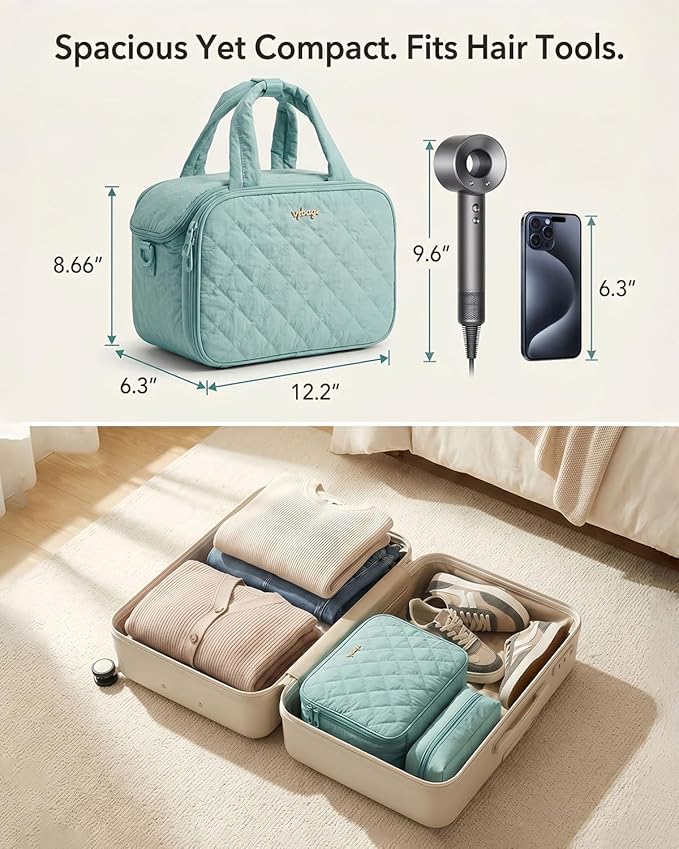 Lightweight Structured Travel Toiletry Bag for Women - Wide-Open Puffer Mini Duffel with Removable Divider, Waterproof Lining, Water-Resistant Exterior, Fits Full-Size Bottles & Shower Essentials
