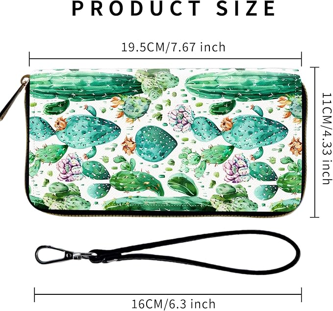 Wallet,Leather Long Wallet Suitable For Ladies And Teenagers - Detachable Wristband + RFID Travel Wallet With Card Slot - Cute Cactus