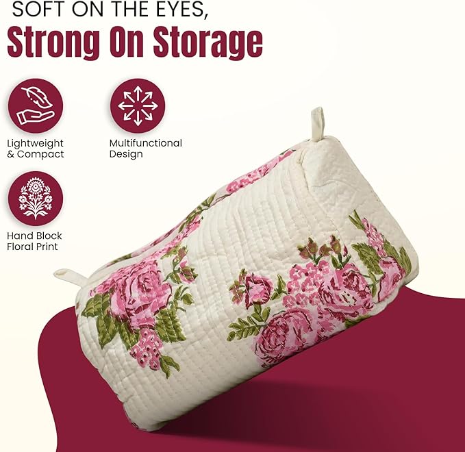 Cotton Hand Block Floral Print Toiletry Bag For Women Make Up Cosmetic Bag Jewelry Organizer Kit Storage Case Travel Accessories Essential Toiletries Purse Pouch (Cream - Set of 3, Small Medium Large)