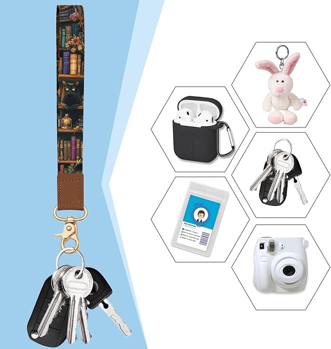 Blusabaca Credit Card Holder for Women, Bookshelf and Cat Goth Small RFID Blocking Wallet with Wristlet Strap, Gothic Zipper Keychain Leather Card Case, Accordion Card Wallet Purse with Key Lanyard