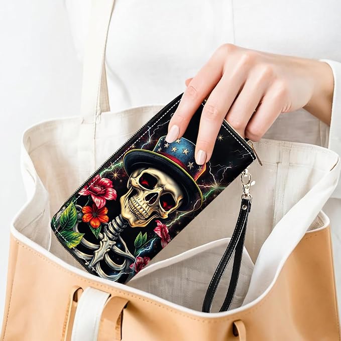 Funny Skull Flower Print Women Large Capacity PU Leather Zip Around Wallet, Multifunctional Clutch Purse for Cash/Card/Coin/Smart Phone