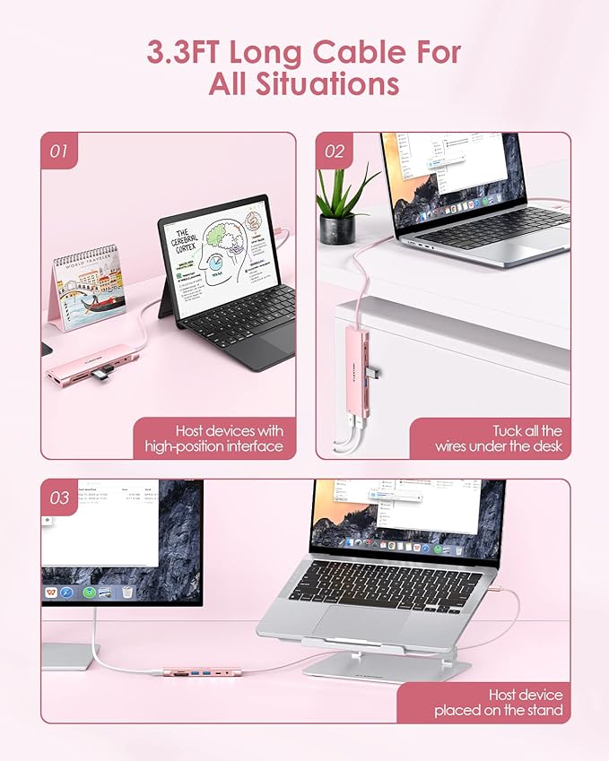 LENTION 8-in-1 USB C Hub, Docking Station with 3.3FT Long Cable, 4K HDMI, USB A&C, SD/TF Card Reader, Aux, 100W PD Charging, for MacBook Pro/Air, Dell, HP, Chromebook, Steam Deck (C37-1M, Rose Gold)
